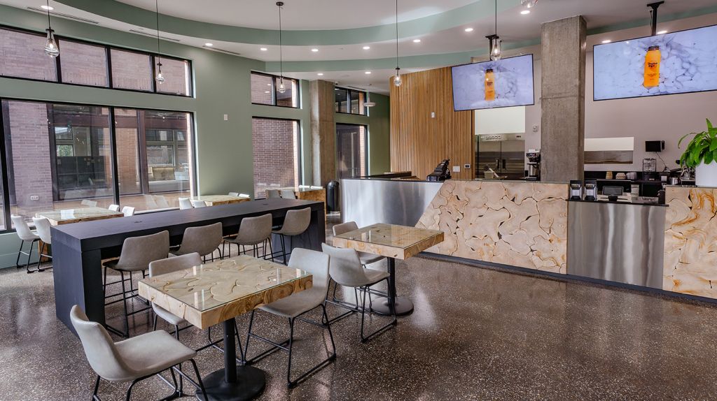 interior of PureFyx coffee shop in Cleveland with ample seating and outlets for coworking