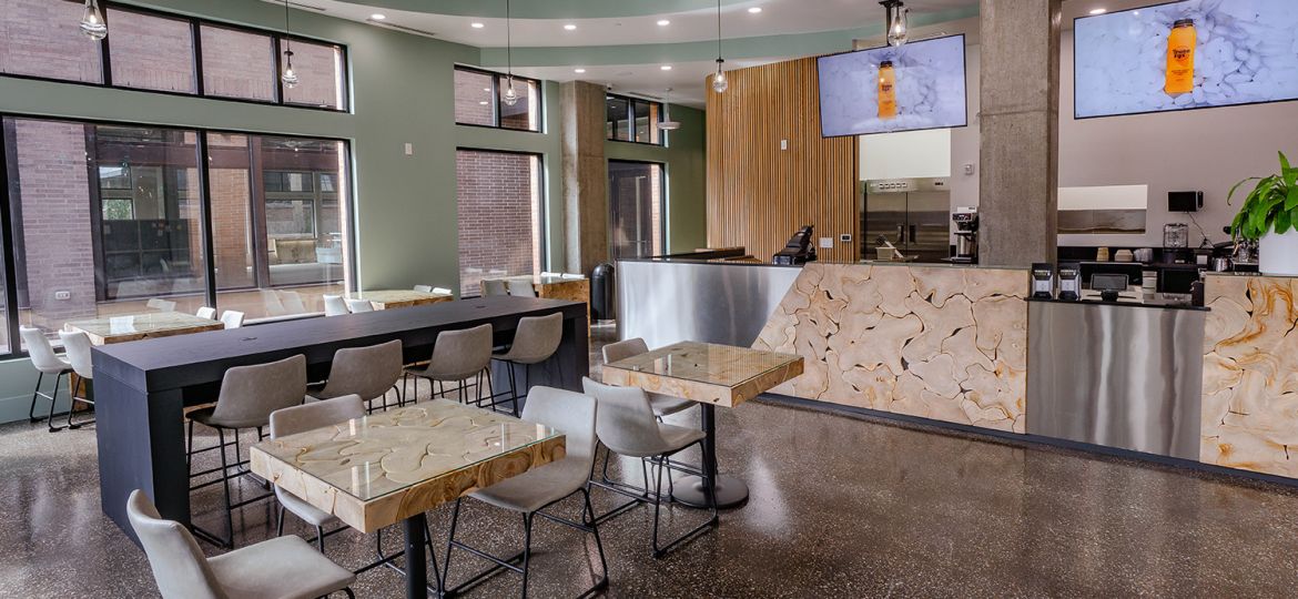 interior of PureFyx coffee shop in Cleveland with ample seating and outlets for coworking