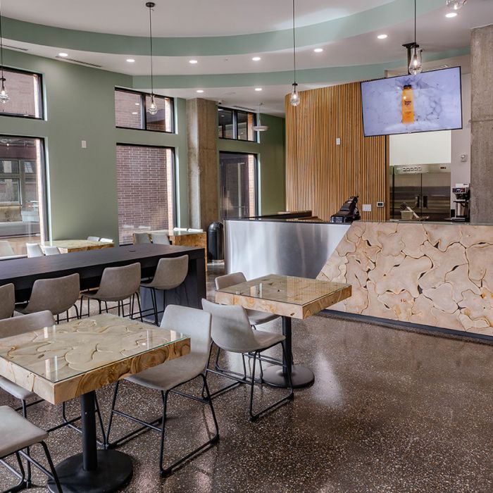 interior of PureFyx coffee shop in Cleveland with ample seating and outlets for coworking