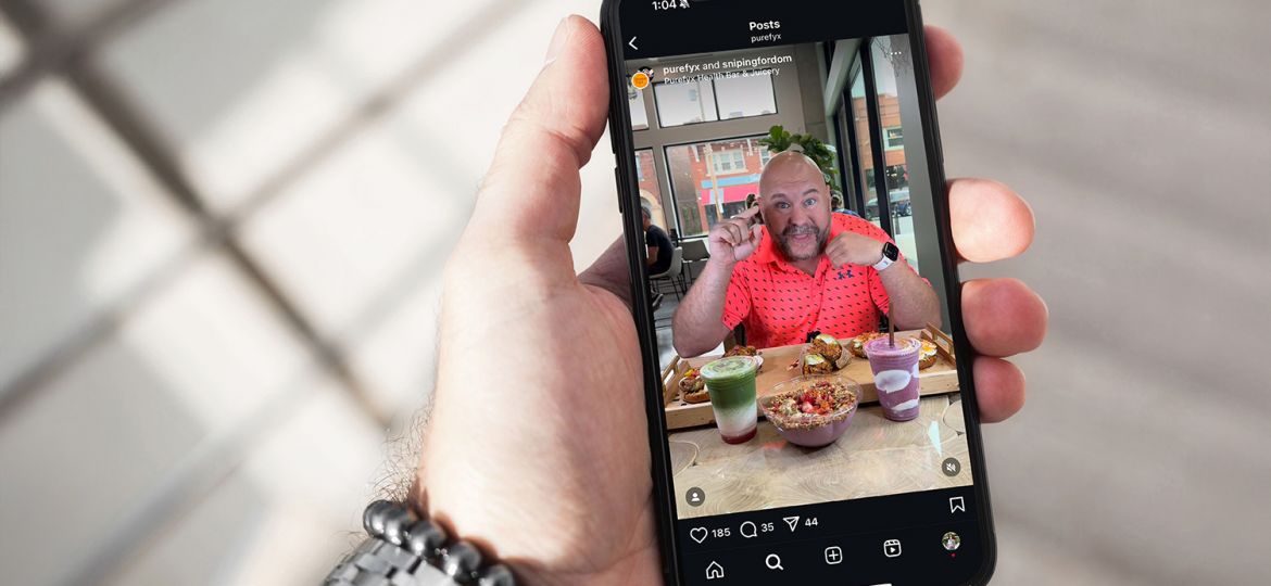 man holding a cell phone with PureFyx Instagram post featuring Snipping for Dom