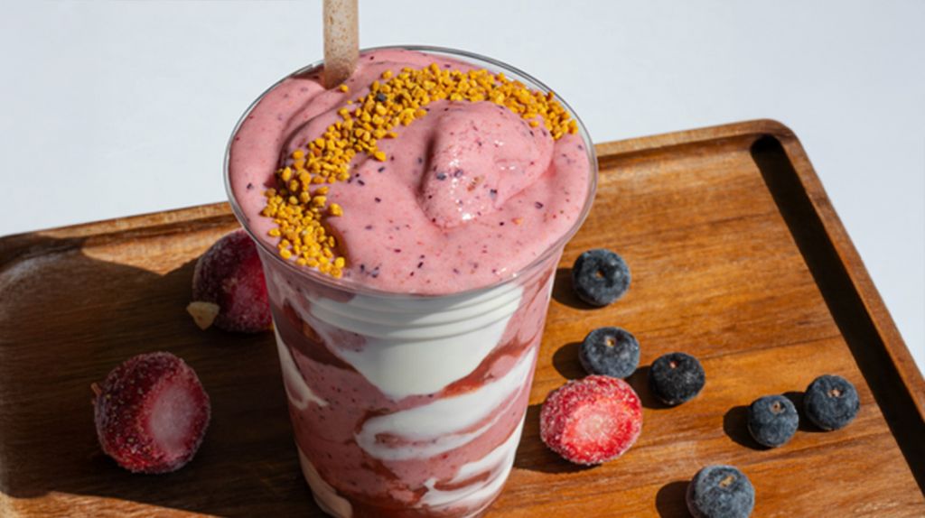 rejuvenate superfood smoothie with strawberry, blueberries, and healthy ingredients