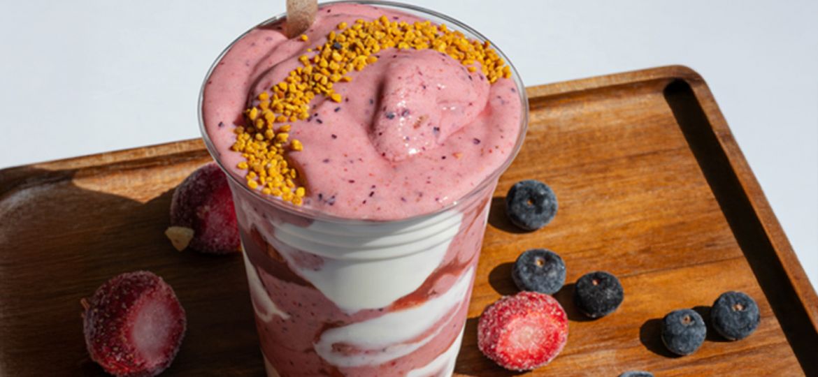 rejuvenate superfood smoothie with strawberry, blueberries, and healthy ingredients