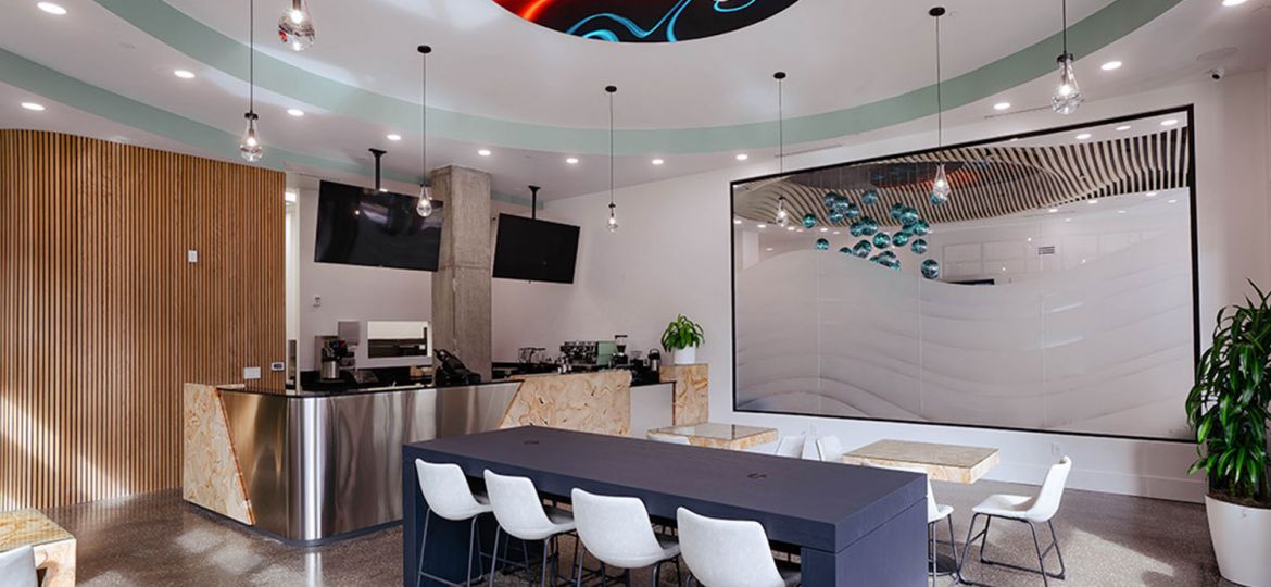 beautiful interior of PureFyx coffee shop part of Cleveland's wellness collective