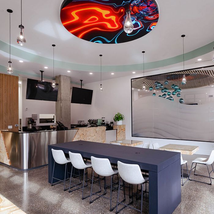 beautiful interior of PureFyx coffee shop part of Cleveland's wellness collective
